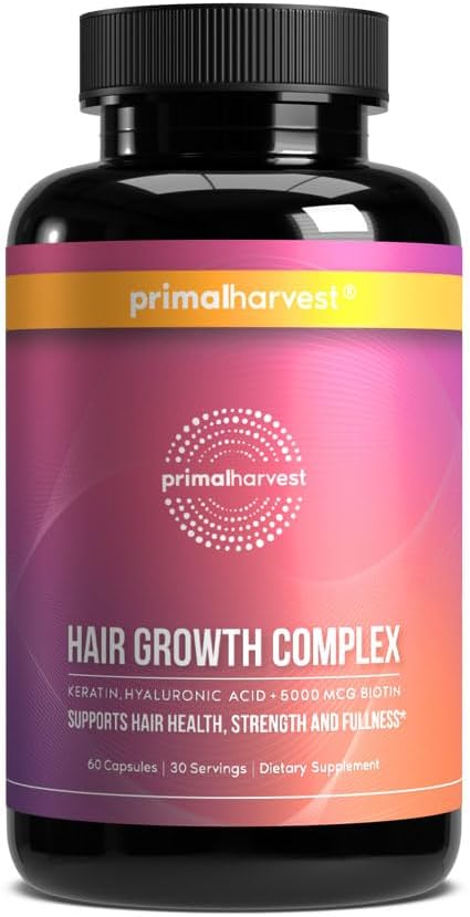 Primal Harvest Hair Growth Complex with Keratin, Hyaluronic Acid + 5000mcg Biotin, Supports Hair Health, Strength & Fullness...