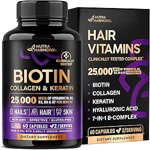 Nutra Harmony Biotin Collagen & Keratin 25000mcg Hair Vitamins, 7-in-1 B-Complex with Hyaluronic Acid...