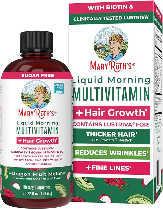 MaryRuth's Liquid Morning Multivitamin + Hair Growth with Lustriva & Biotin, Sugar Free, Dragon Fruit Melon...