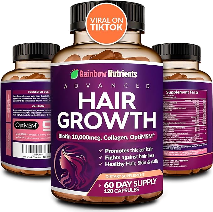 Rainbow Nutrients Advanced Hair Growth, Biotin 10000mcg, Collagen & OptiMSM, Promotes Thicker Hair, 60 Day Supply...